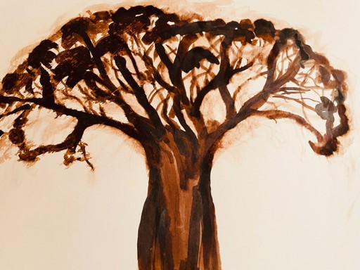 Monochrome watercolor painting BAOBAB ethnic collection Africa