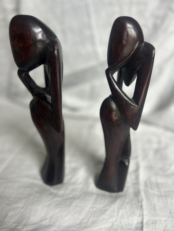 Image 1 of Houten beeld koppel seventies 70 de denker abstract