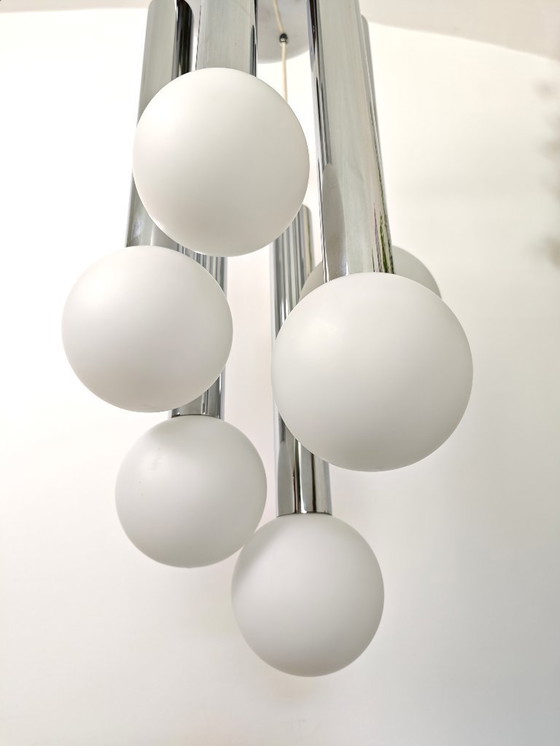 Image 1 of Vintage Sijaj Hrastnik Chandelier / Mid Century Modern Chrome & Glass Globe Pendant Lamp / Space Age Ceiling Light / Yugoslavian