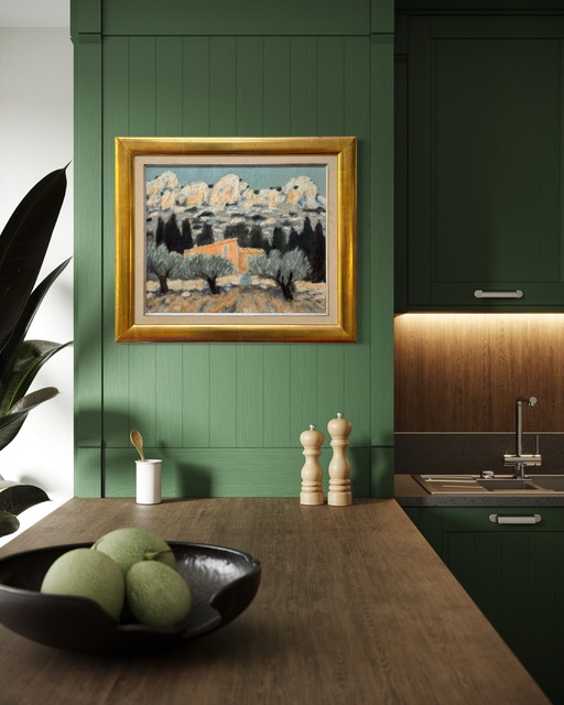 Yann Rebecq (n. 1955) - Granja en la carretera de Servières, en St-Rémy de Provence, óleo, lienzo