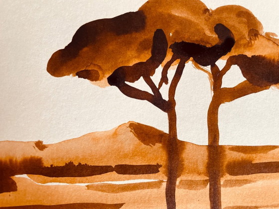 Image 1 of Monochrome watercolor signed in tobacco color, "umbrella pines on Mount Ventoux"