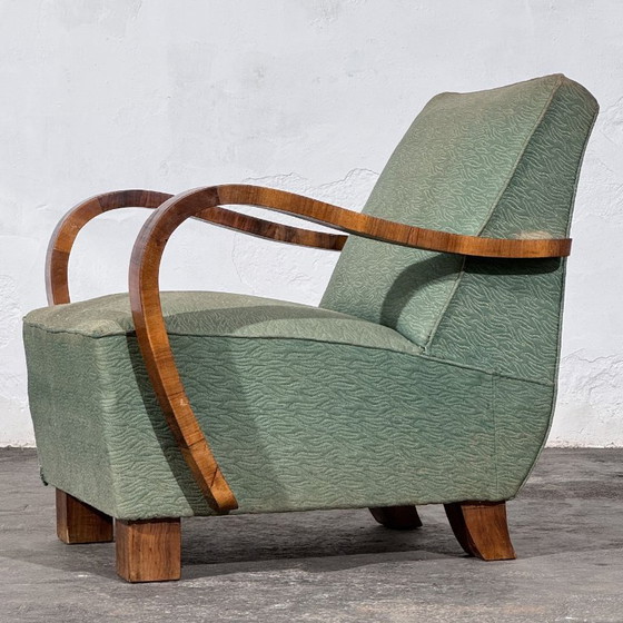 Pair of Art Deco Style Armchairs with Veneered Arms, 1960s – Textile (photo 3 of 14)