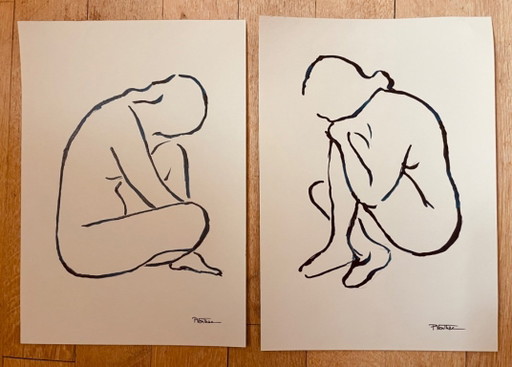 Set of 2 signed ink drawings, female portrait, "recto-verso"
