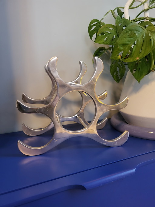 Vintage gepolijst aluminium wijnrek door ontwerper Michael Noll 
