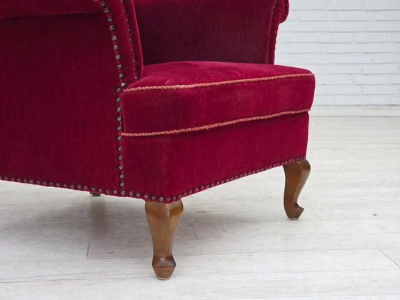 Image 1 of 1960s, Danish highback wingback armchair, cherry-red furniture velour.