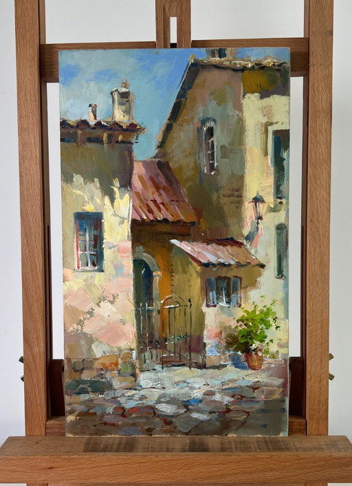 Pintura al óleo original. Paisaje urbano. Camino a la casa a través del callejón.