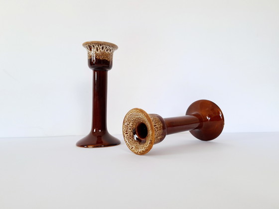 Image 1 of Set van Twee Vintage Keramische Kaarshouders, Vette Lava Kandelaar Houder, Bruine Decoratieve Verzamel Kandelaar