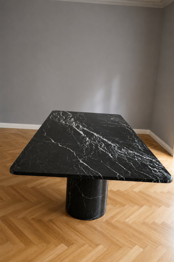 Solid Rectangular Marble Dining Table – Natural Stone Table with 2 Cylindrical Legs – Modern Dining Table, (photo 3 of 5)