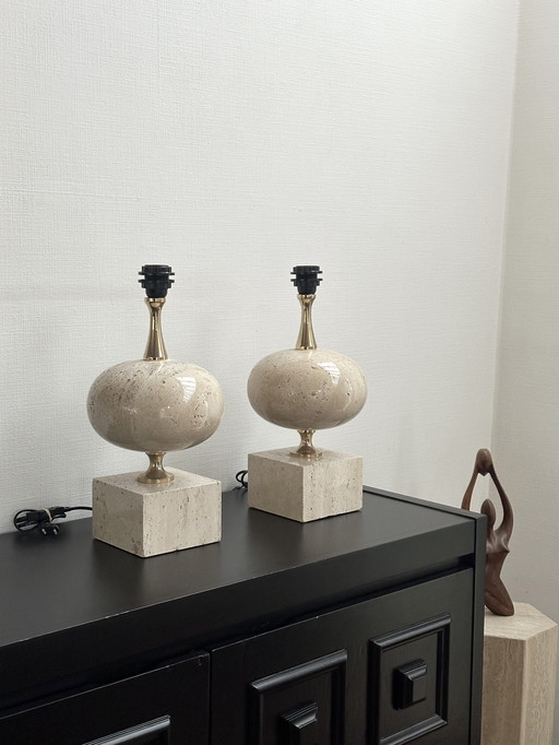 Vintage travertine table lamps by Philippe Barbier, 1970s