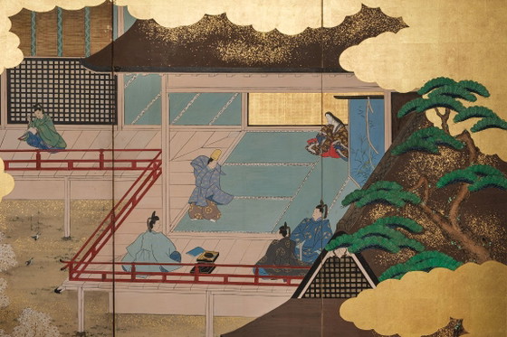 Image 1 of Antico paravento giapponese a sei pannelli con raffigurazione della storia di Genji.