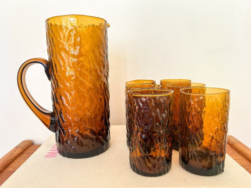 6x Bicchieri da Acqua Vintage + Caraffa Marrone Vetro Fumé Anni '70