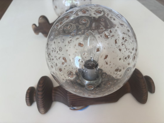 Image 1 of Original 1970s vintage wall lamps – set of 3, bubble glass & wood