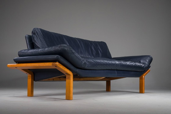 Image 1 of  Danish Teak and Navy Blue Leather 3-Seater Sofa from Komfort, 1970s