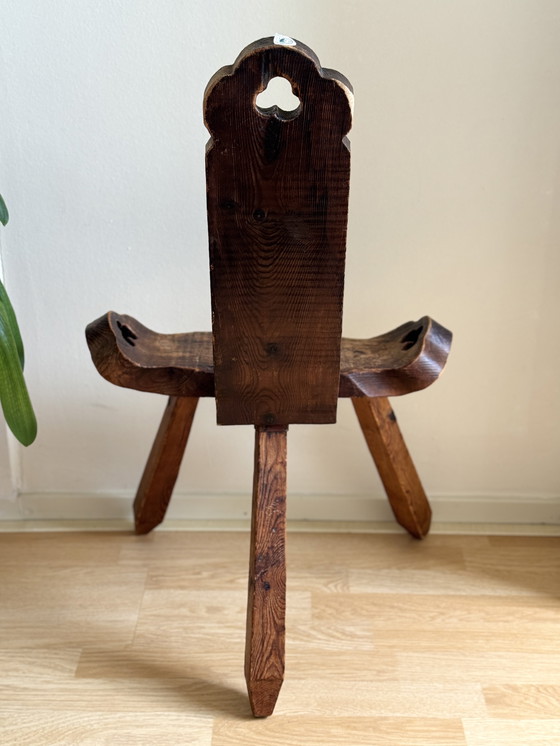 Image 1 of Vintage brutalist wooden tripod stool / side table