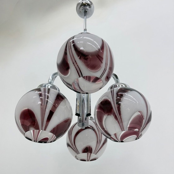 Image 1 of XL Italian purple and white murano glass swirl chandelier , 1970s