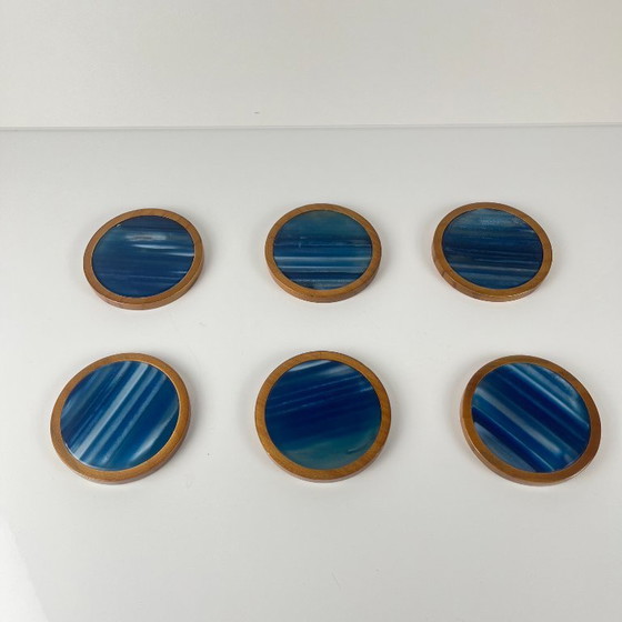 Image 1 of Set of 6 coasters in blue agate and wood, Midcentury modern