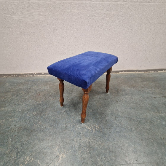Image 1 of Vintage footstool cobalt blue newly upholstered stool footstool oak 1960s