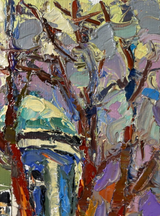 Image 1 of Peinture à l'huile originale, paysage d'arbres d'été, promenade dans le parc