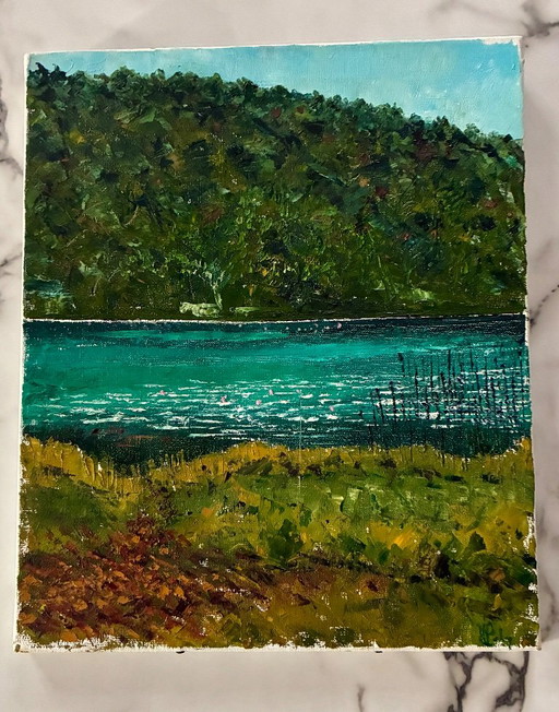 Oil painting on canvas, painted with a palette knife, Lake Ambléon – schilderijen tekeningen (photo 2 of 6)