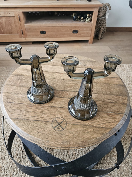 Image 1 of Bellissimo set di candelabri vintage Art Déco in vetro fumé (20 cm)