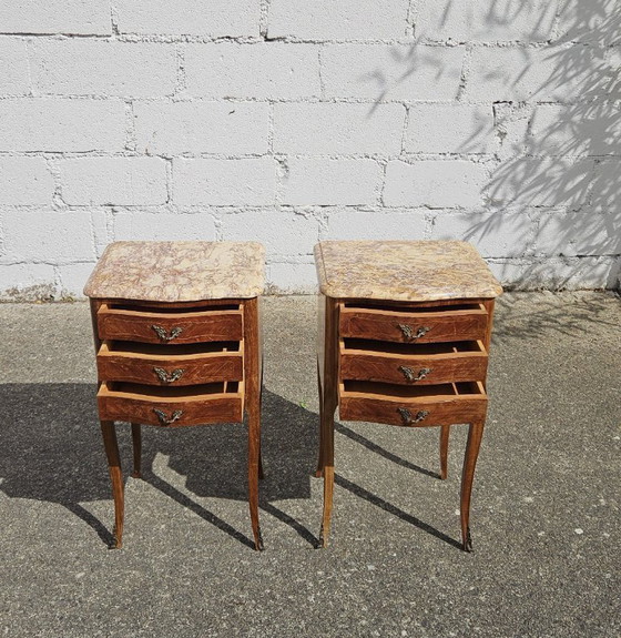 Image 1 of Chateau de Ligny - Pair of 2 French Vintage Marquetry Nightstands-Set of 2 Marble & Wood Bedside Tables-Style Louis XV - 50s