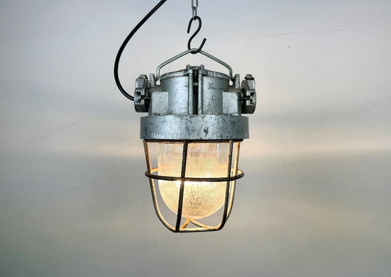 Image 1 of Industrial Soviet Cast Aluminium Bunker Pendant Light with Iron Grid, 1960s