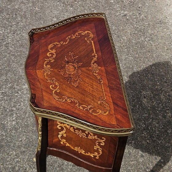Image 1 of Chateau Ligny - French Antique Marquetry Nightstand - Fine Wood and Brass Console-Bedside Table-Style Louis XV- 1930s
