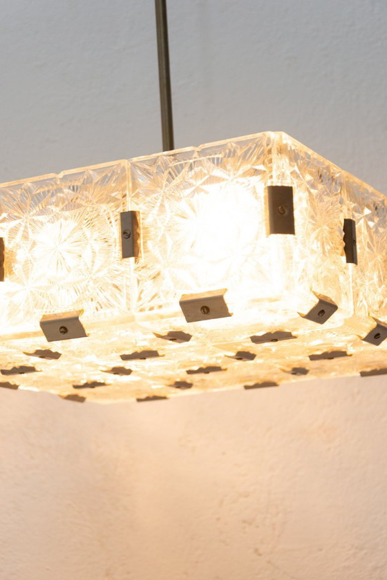 Image 1 of Mid Century Pendant Lamp Glass & Chromed Steel Kamenický Šenov 1970s Czechoslovakia