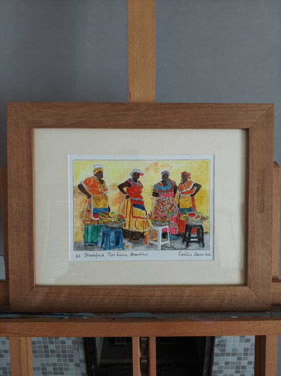 Acquerello "Streetfood, Port Louis Mauritius", Dipinti e disegni, Carta, Multicolore (foto 5 di 9)