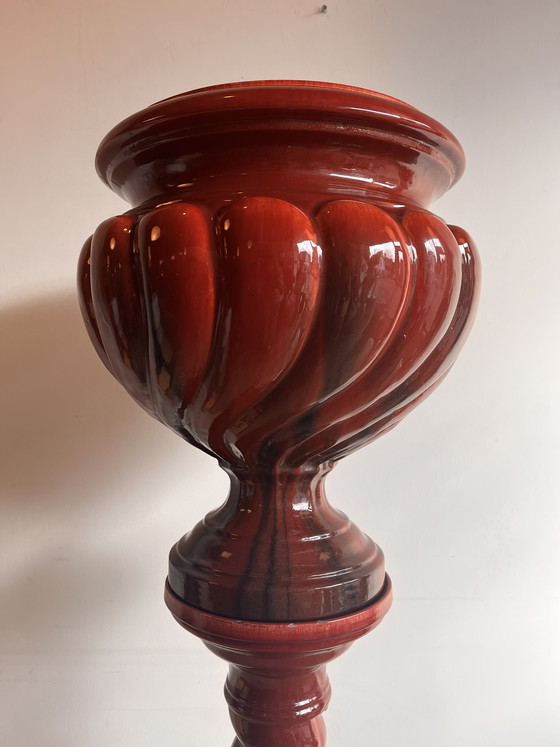 Image 1 of Jardinière e piedistallo in maiolica antica francese - Smalto sangue di bue, ca. 1880-1910