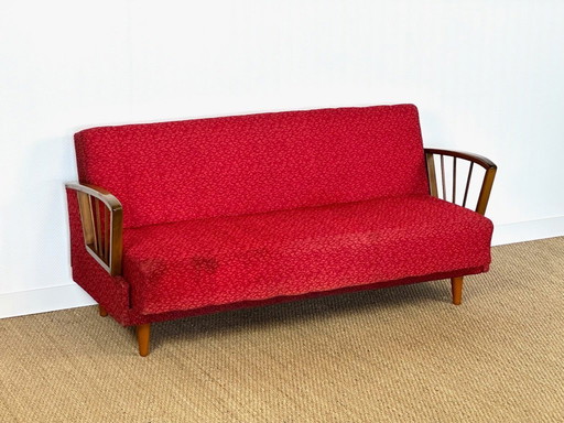 Sofá convertible escandinavo vintage de madera y tela, 1960