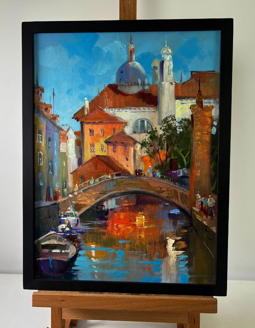 Original Oil Painting River Street Landscape Bridge connecting the city banks