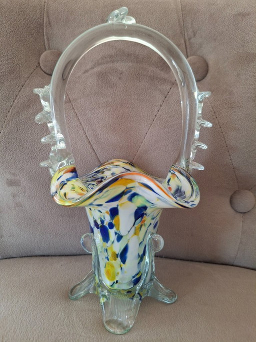 Cesta de cristal estilo Murano – cristal artístico vintage, soplado a mano, colorido