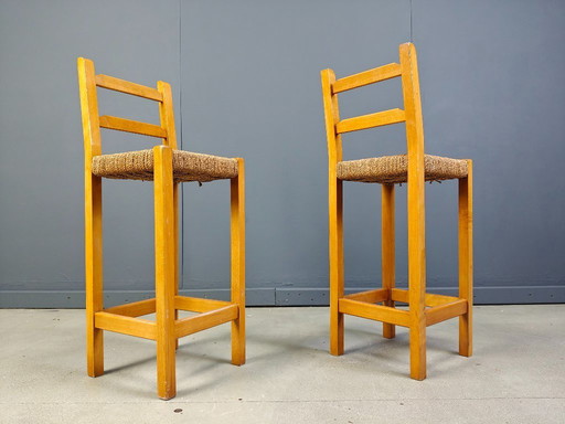 Vintage oak and papercord bar stools, 1960s 