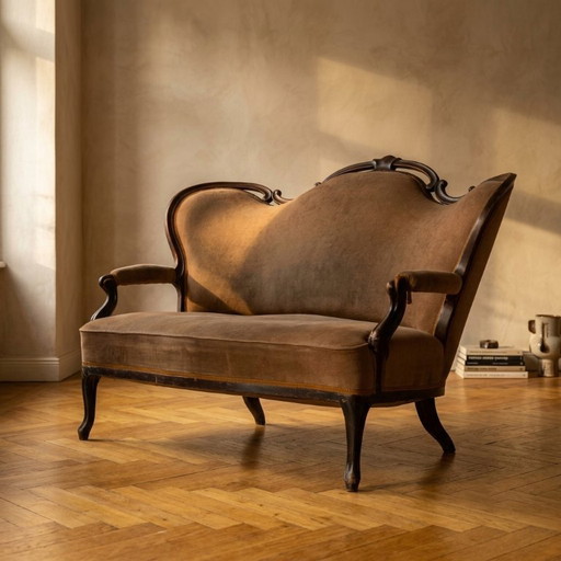 Vintage Ornate Wooden Sofa With Carved Decorative Frame And Brown Upholstery, 175 × 114 × 80 cm (photo 2 of 12)