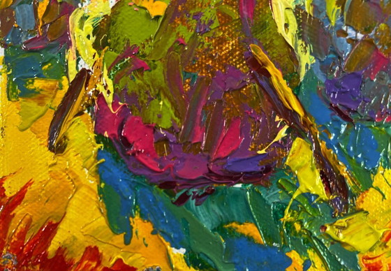 Image 1 of Original Oil Painting Colorful Nature Landscape Summer sunset sun in the field