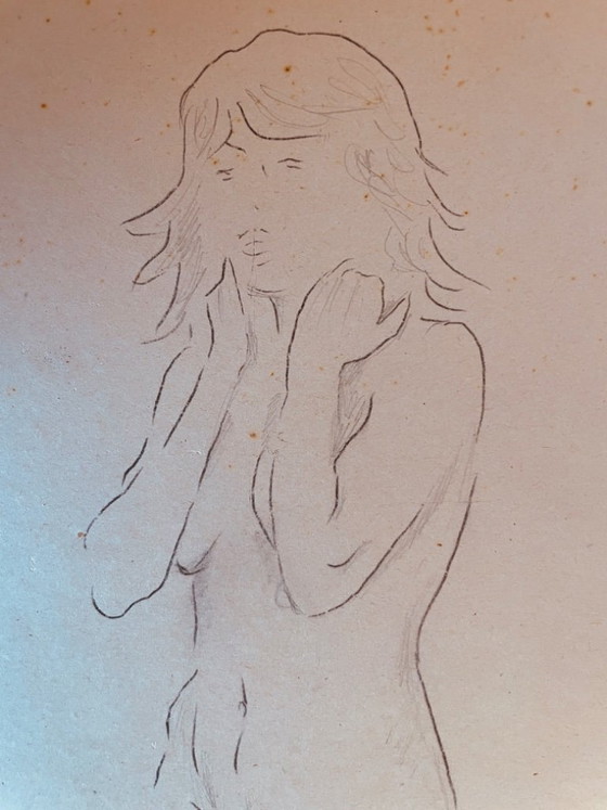 Image 1 of Nude female drawing "sketchbook hand held high" on antique cardboard