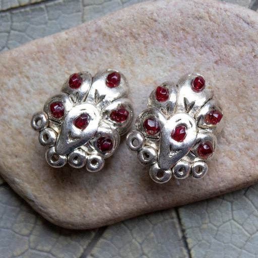 Vintage Remy Dis Paris Clip Earrings, Silver-colored Metal & Red Stones