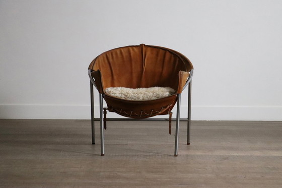 Image 1 of Erik Ole Jørgensen for Bovirke Easy Chair in Cognac Suede and Metal, Denmark, 1953