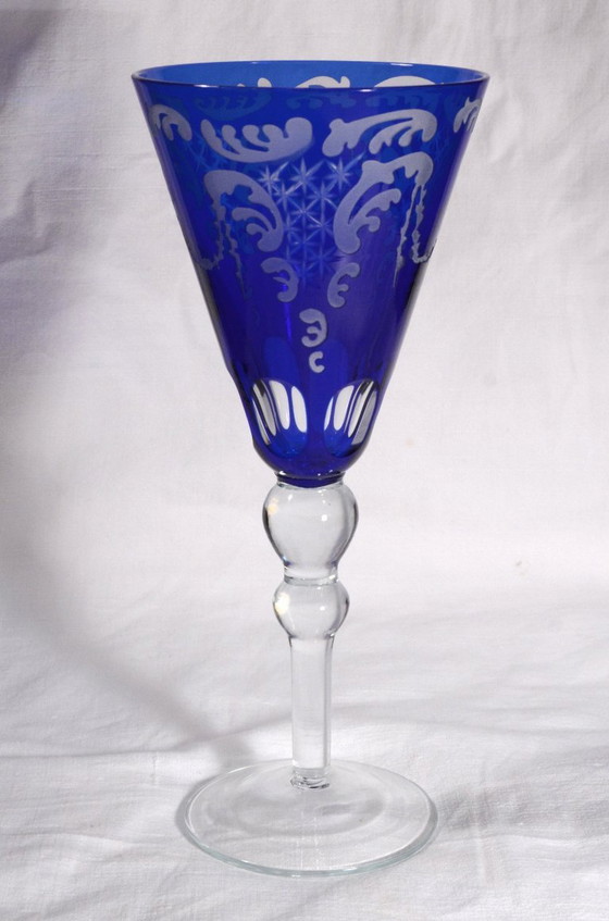 Set aus 4 großen Stielgläsern mit kobaltblauem Muster und mattiertem Glas, 10 x 24 cm – Gläser & Karaffe (photo 5 of 10)