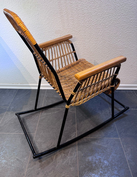 Rare Mid-Century Rattan Rocking Chair - Attributed to Alan Fuchs for ÚLUV, Czechoslovakia, 1960s – Metal (photo 3 of 13)
