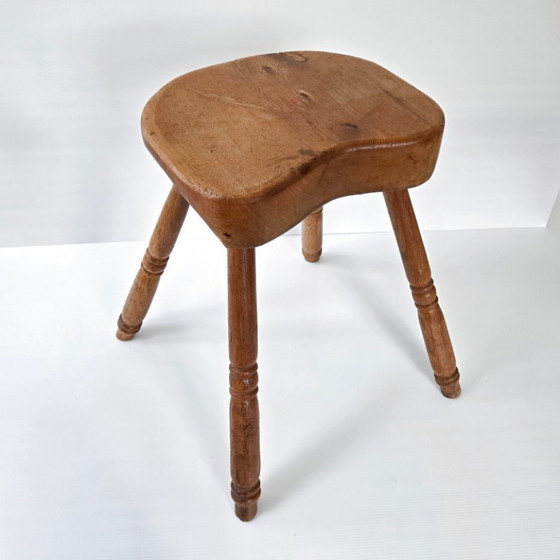 Image 1 of SUPERB VINTAGE BRUTALIST STOOL 1950 IN OAK, 4 LEGS, 50S