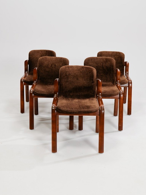 Set of 5 Italian Solid Wood with Plush Upholstery,1980s