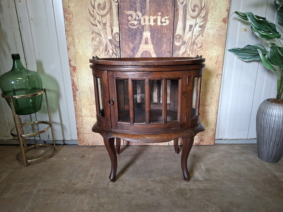 Image 1 of Teakhouten theekastje, vitrinekastje, whiskeybar, wijnkastje met afneembaar serveerblad afm. 69x50cm en 74cm hoog.