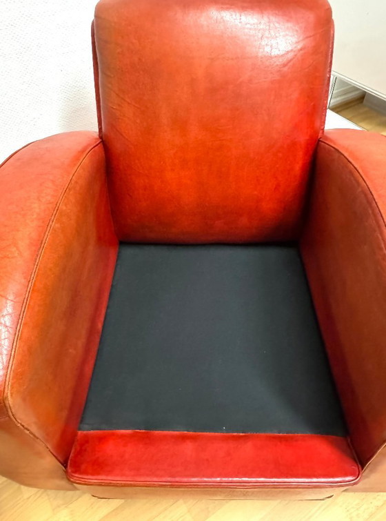 Image 1 of Brocantique Jacques Adnet Art Deco Set: Leren bank, fauteuil en poef