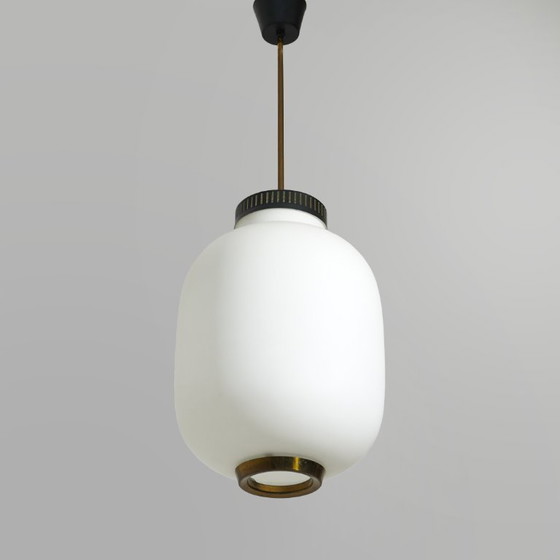 Image 1 of Chandelier in white opaline glass and brass, 1950s