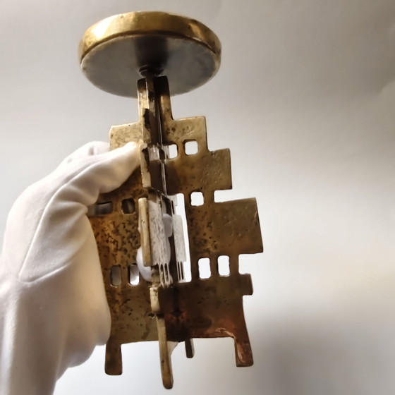 Vintage Brutalist Brass Pricket Candlestick - Mid-Century Modern Geometric Candle Holder (22 cm), Gold (photo 15 of 15)
