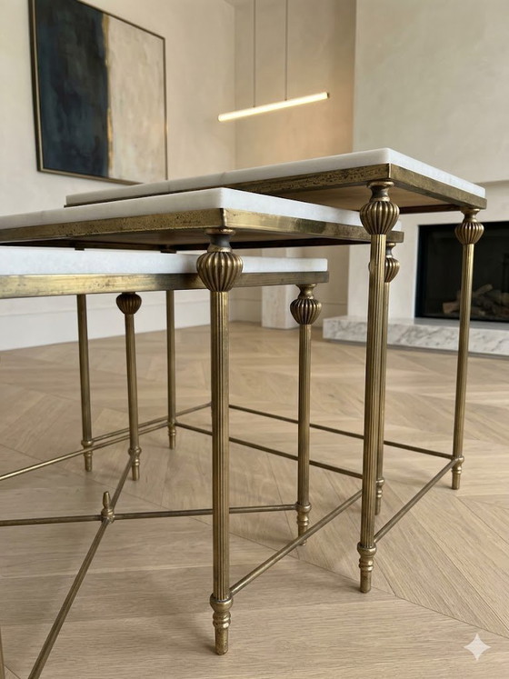 Image 1 of Rare Hollywood Regency Salon Set (1970s) – Large Coffee Table & 3 Nesting Tables – Intact Onyx
