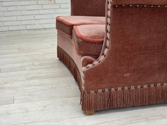 Image 1 of 1970s, Danish 2-seater sofa, original salmon pink furniture velour, beech wood.