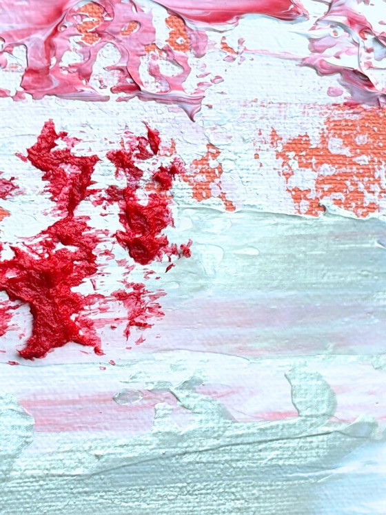 Image 1 of VOLT Eton Mess - Abstract Schilderij Roze Rood Zilver Wit - Klein Modern Kunstwerk